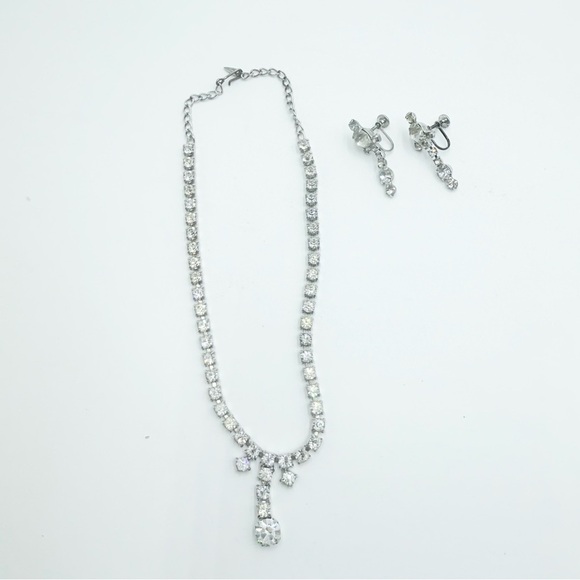 Vintage Clear Crystal Rhinestones Prong Choker Necklace Screw Back Earrings Sets - Picture 3 of 10